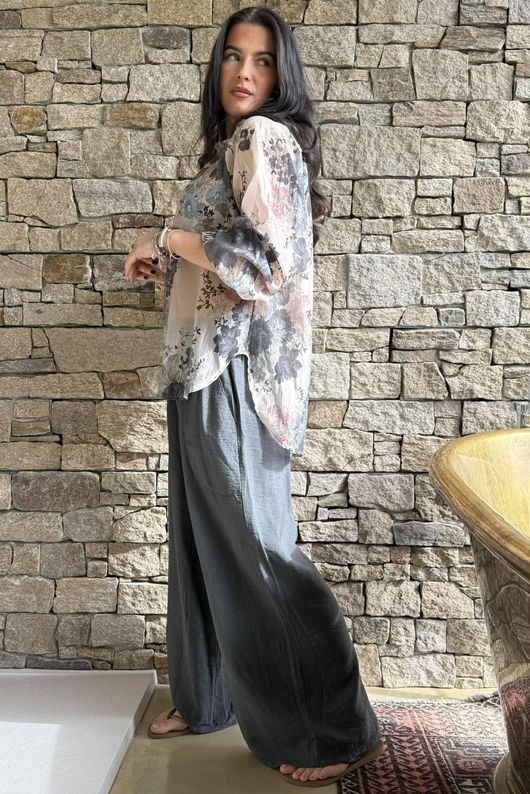 Rustic Peony Chintz Blouse Charcoal